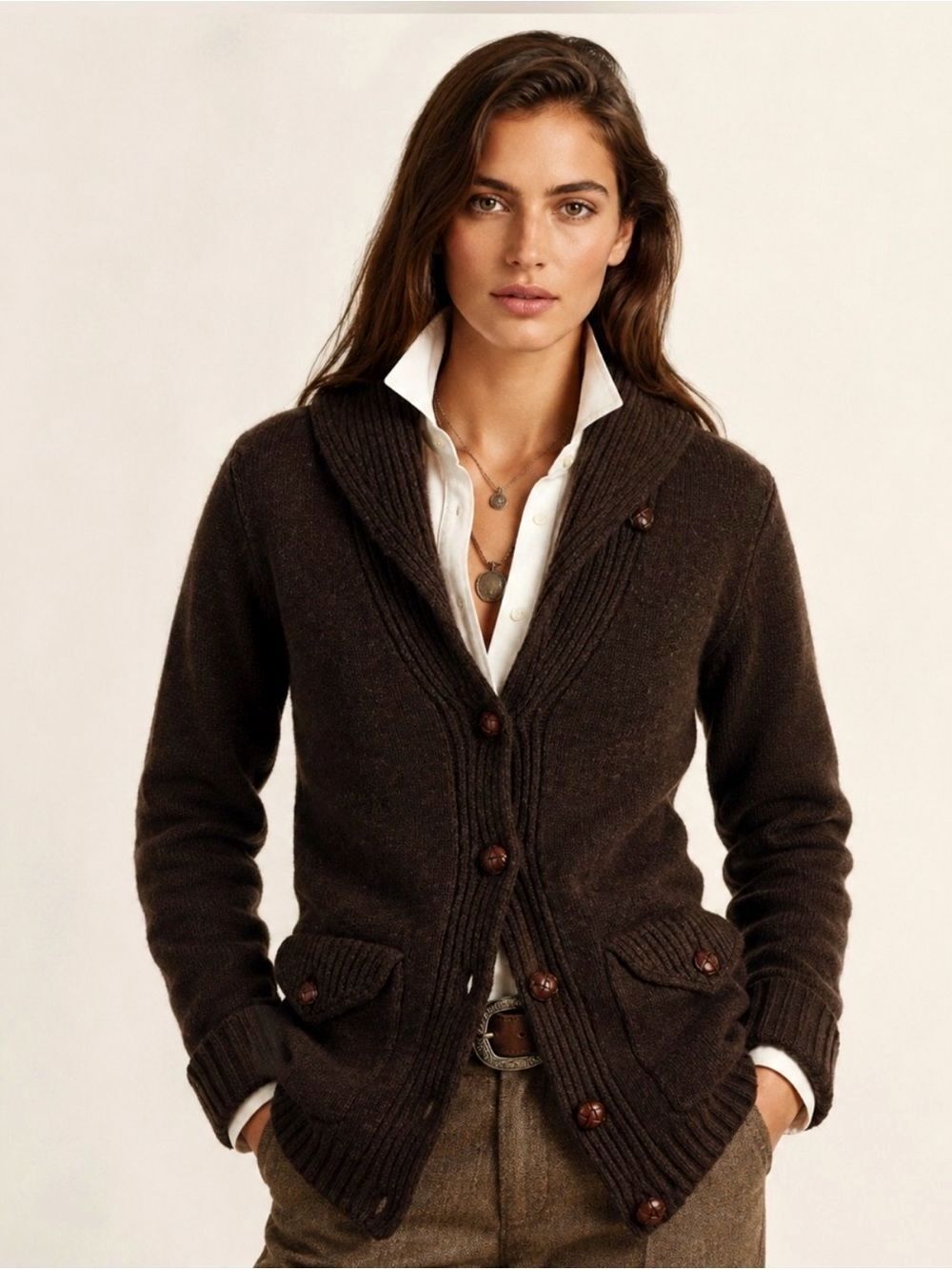 Rugby Ralph Lauren Wool Shawl Collar Cardigan Suede Patches Leather Buttons S - Picture 3 of 8